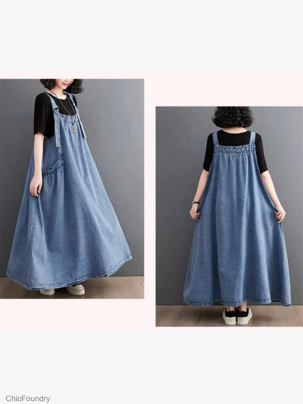 Denim Jumper Dress Loose Fit Maxi Length Adjustable Straps A-Line - Picture 4 of 6